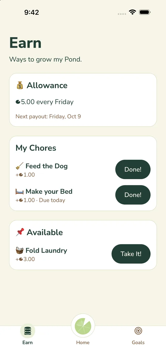 Child view of allowance, chores to mark done, and chores to take