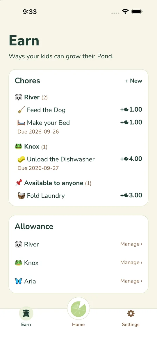 Earn screen with chores for each child and allowance settings