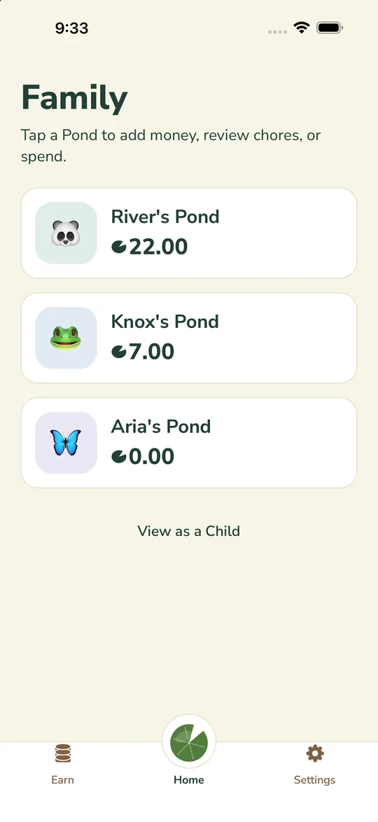 Family screen listing each child's Pond and balance