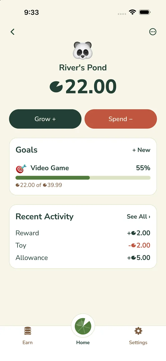 A child's Pond with balance, a savings goal, and recent activity